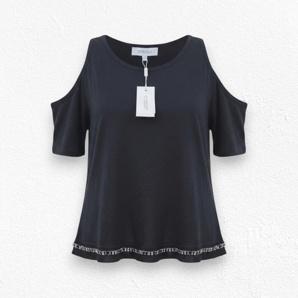 Derek Lam 10 Crosby Black Linen Cold Shoulder Chain Trim Top Size Small NWT